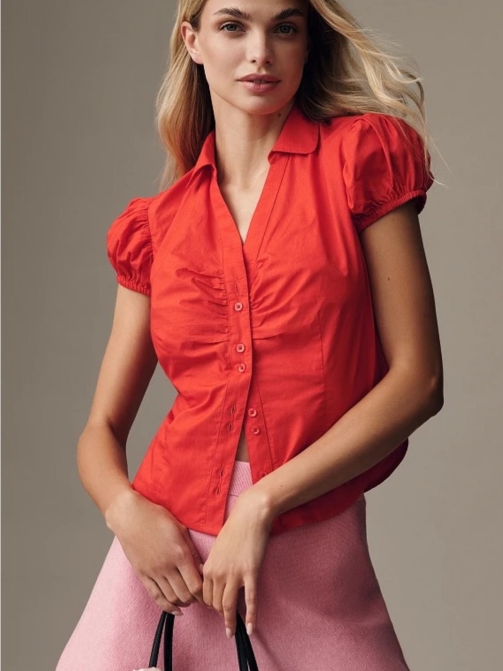 Anthropologie Maeve Red Puff-Sleeve Button-Down Shirt size XL